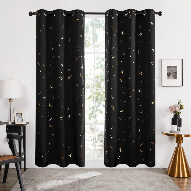 Deconovo Blackout Curtains 2 Panels for Bedroom and Living Room, Gold Foil Floral Branch and Dots, Thermal Insulated Room Darkening Grommet Window Drapes for Nursery, Black, 42W x 84L Inch - Image 2